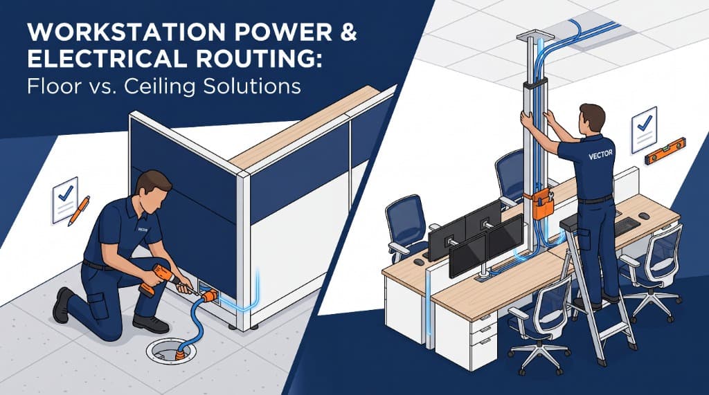 Workstation power and electrical routing: floor base infeeds vs ceiling power poles comparison by Vector Installation Services.