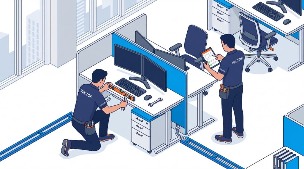 Professional office furniture installers reviewing workstation plans and assembling commercial modular desks.