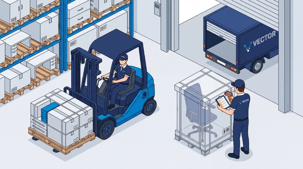 Commercial office furniture receiving, pallet racking warehousing, and final-mile delivery logistics.