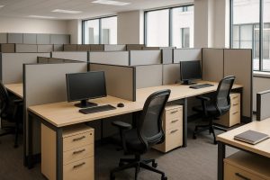 Modern office space with multiple cubicle workstations, each featuring light wood desks, black ergonomic chairs, and desktop monitors, arranged in a clean, organized layout for professional use.
